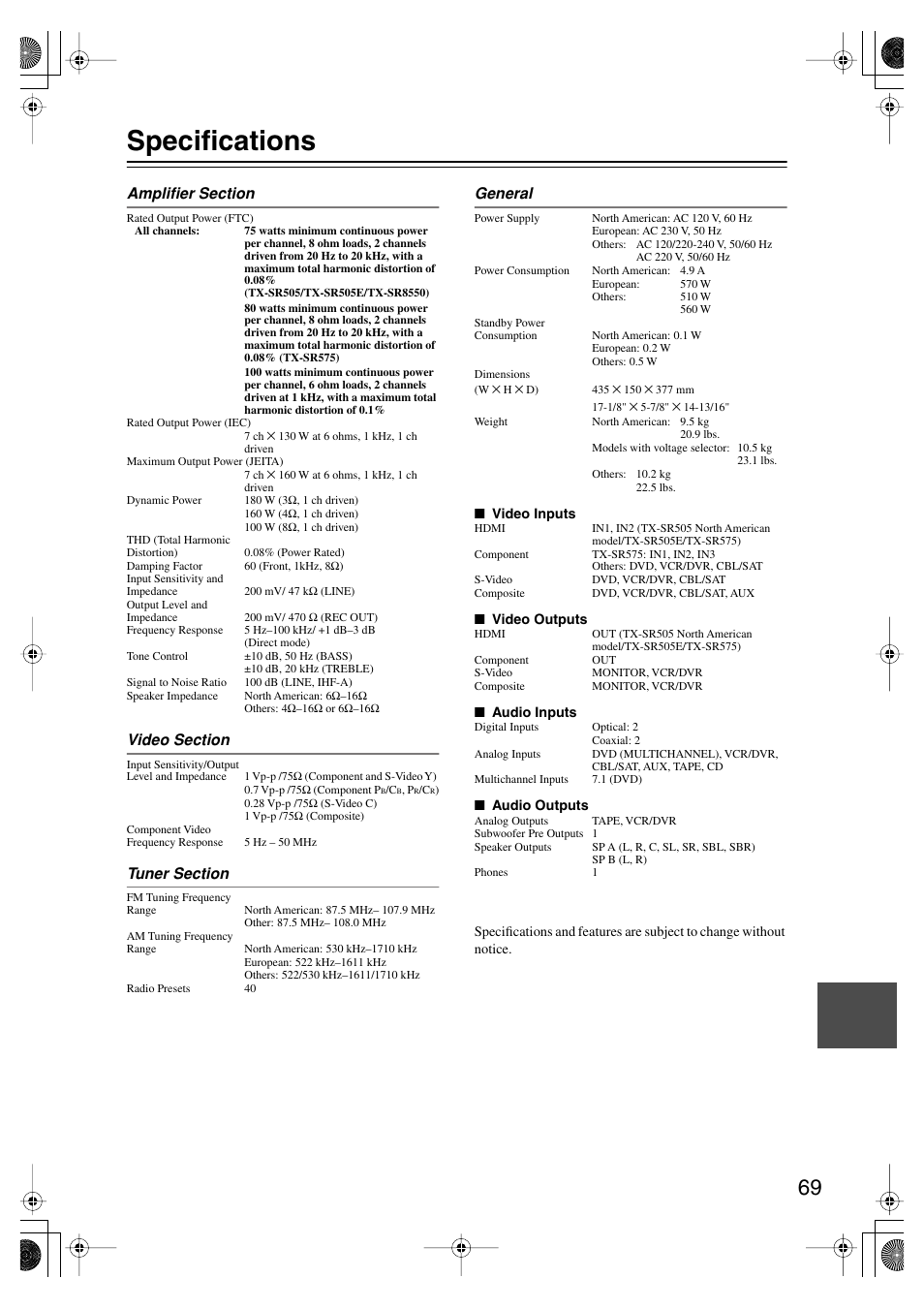 Specifications | Onkyo TX SR575 User Manual | Page 69 / 72