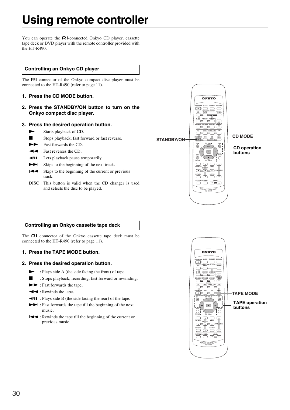 Using remote controller, Controlling an onkyo cd player, Controlling an onkyo cassette tape deck | Cd operation buttons tape operation buttons, Tape mode, Cd mode standby/on | Onkyo HT-R490 User Manual | Page 30 / 36