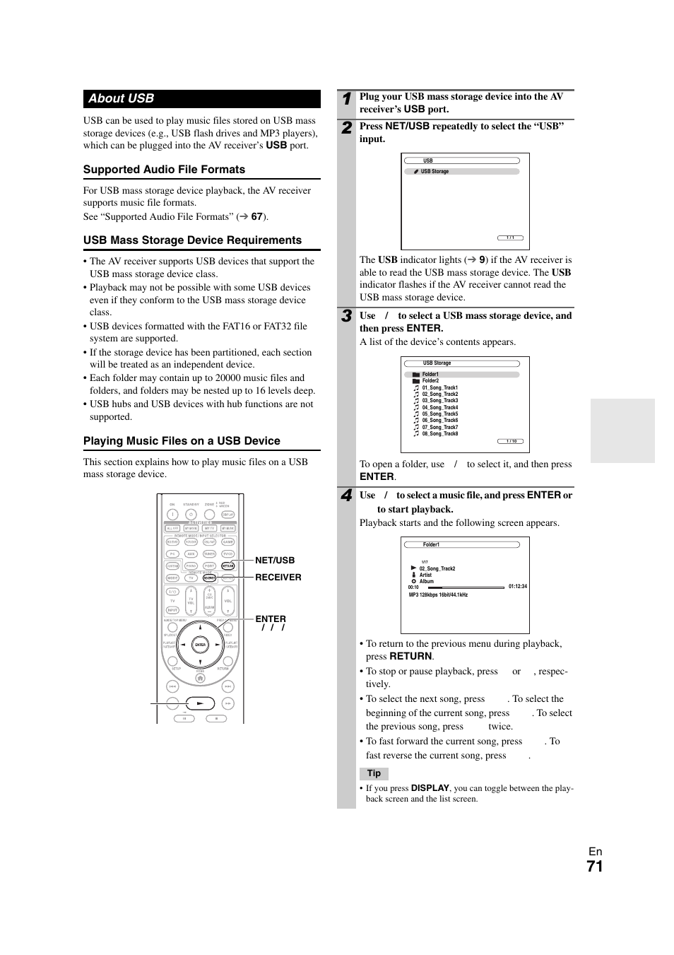 About usb | Onkyo TX-NR1008 User Manual | Page 71 / 104