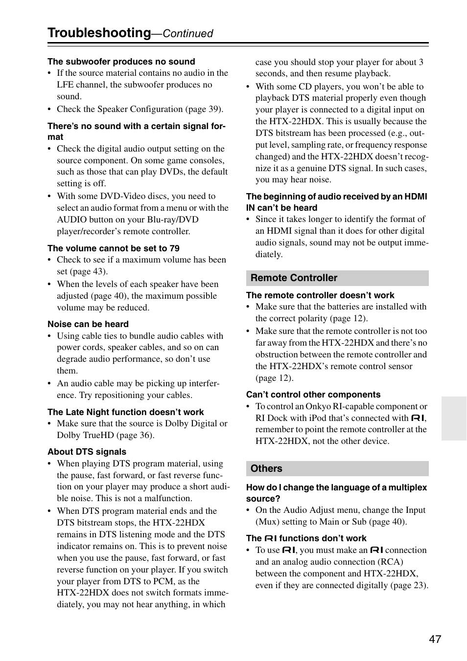 Troubleshooting | Onkyo HTX-22HDX User Manual | Page 47 / 56