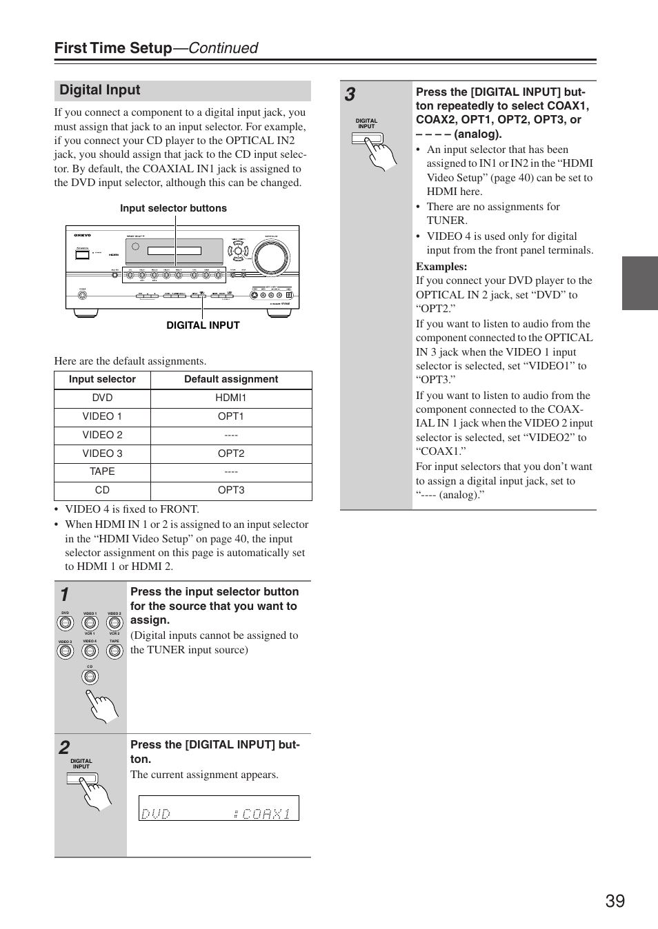 First time setup —continued, Digital input | Onkyo HT-R640 User Manual | Page 39 / 80