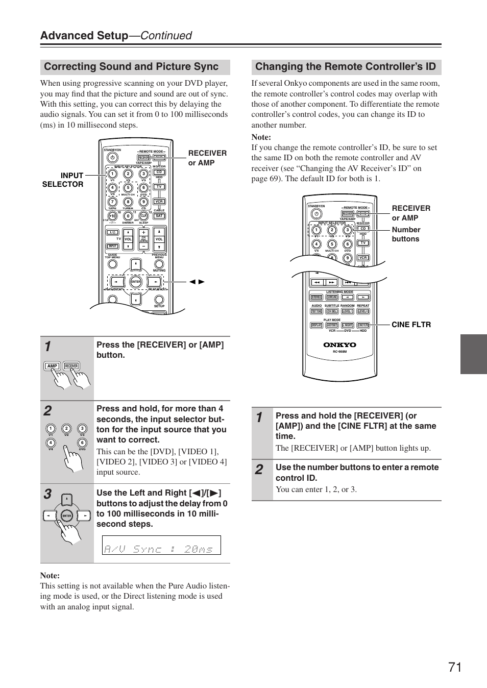 Advanced setup —continued, Correcting sound and picture sync, Changing the remote controller’s id | Press the [receiver] or [amp] button, Input selector receiver or amp, Cine fltr number buttons receiver or amp | Onkyo HT-R640 User Manual | Page 71 / 80