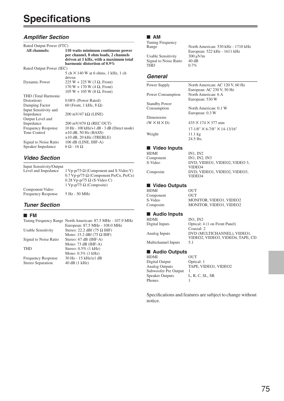 Specifications, General | Onkyo HT-R640 User Manual | Page 75 / 80