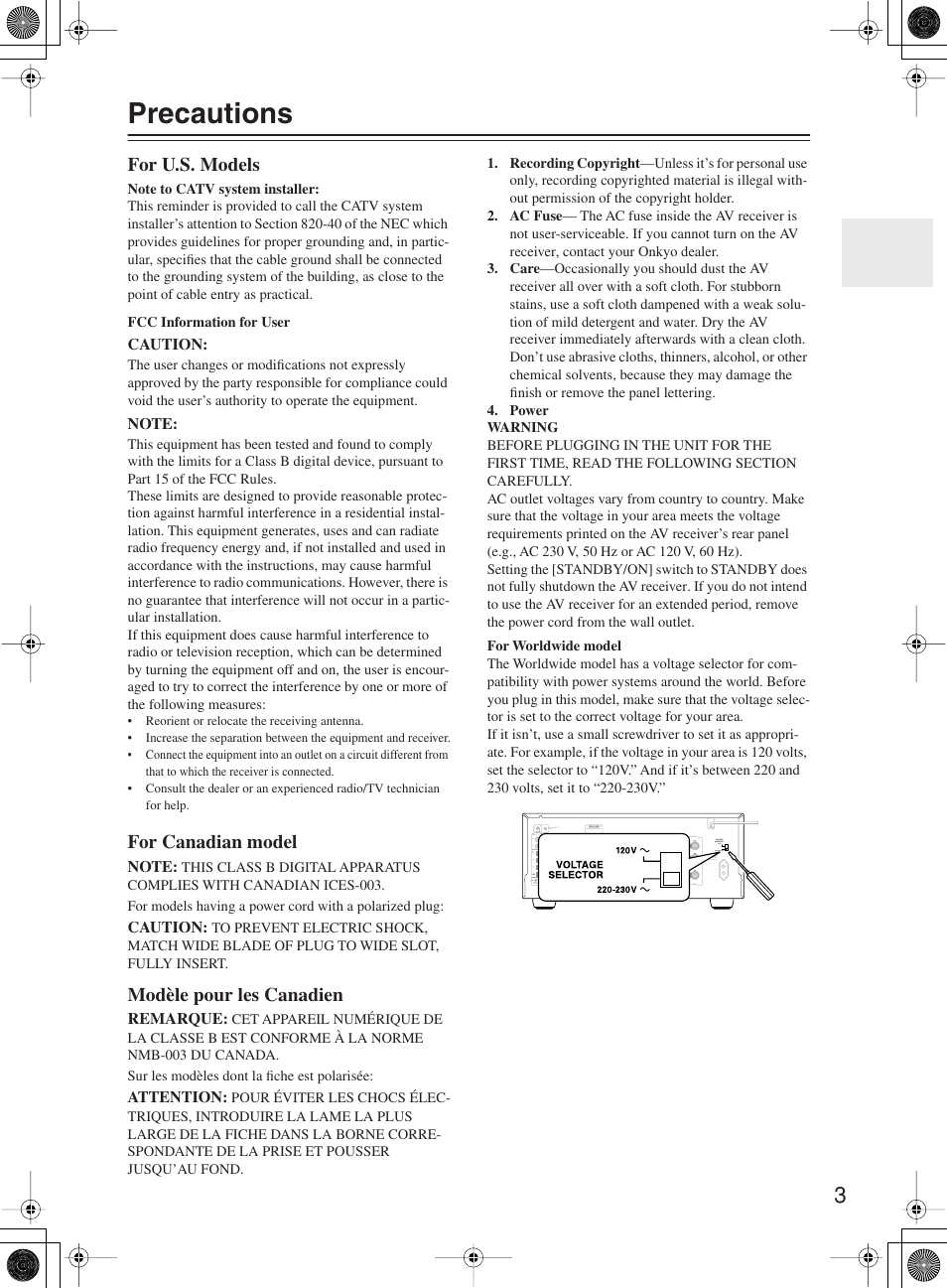 Precautions, For u.s. models, For canadian model | Modèle pour les canadien | Onkyo TX-SR8360 User Manual | Page 3 / 92