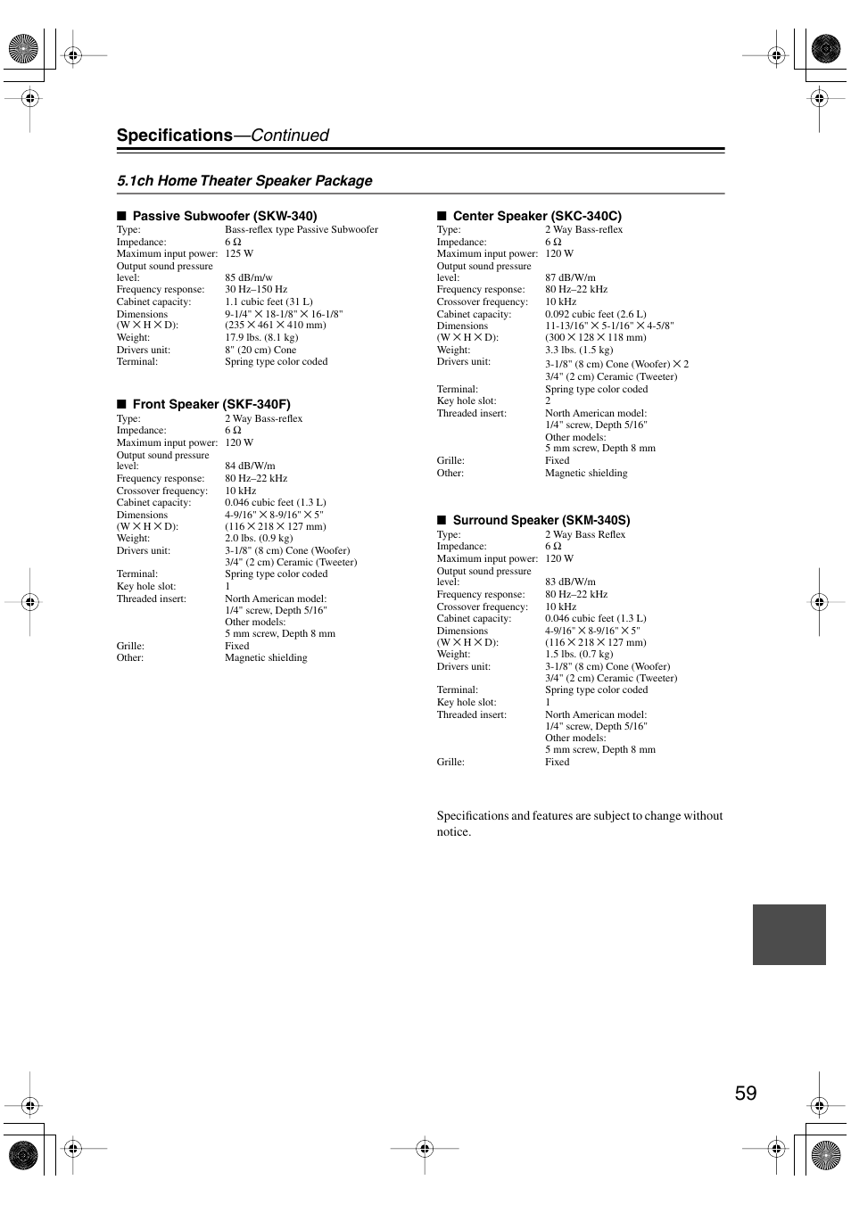 Specifications —continued | Onkyo HT-S590 User Manual | Page 59 / 60