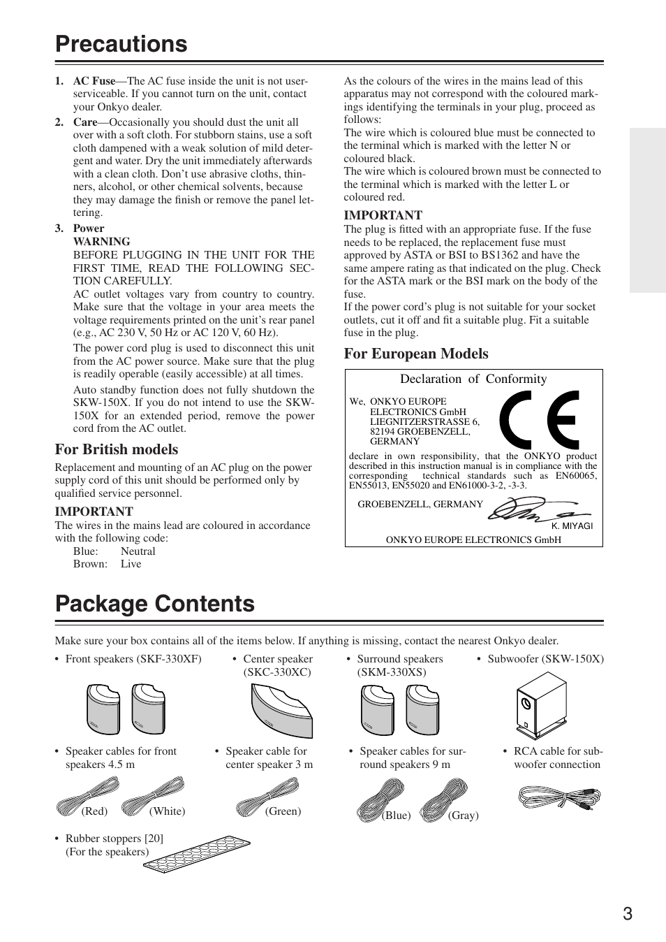 Precautions, Package contents, For british models | For european models | Onkyo SKF-330XF User Manual | Page 3 / 8