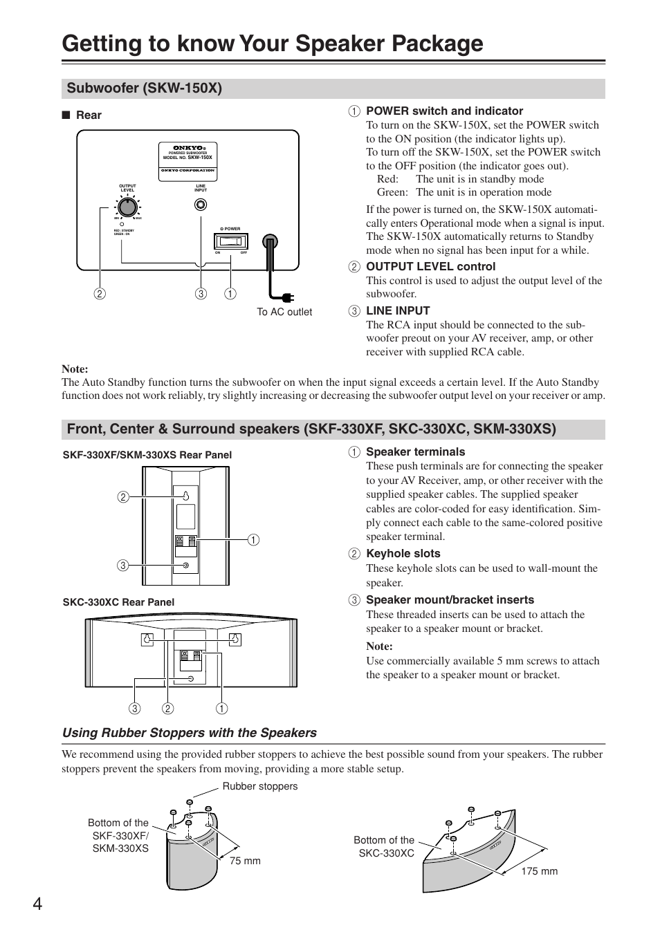 Getting to know your speaker package, Subwoofer (skw-150x) | Onkyo SKF-330XF User Manual | Page 4 / 8