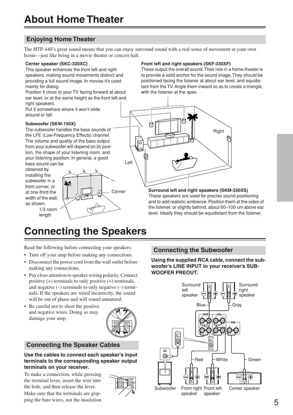About home theater, Connecting the speakers, Enjoying home theater | Onkyo SKF-330XF User Manual | Page 5 / 8