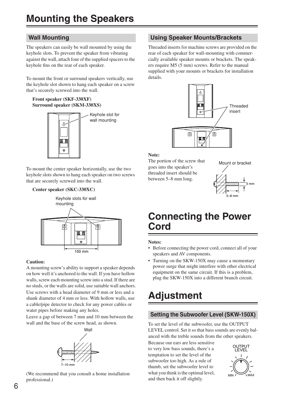 Mounting the speakers, Connecting the power cord, Adjustment | Onkyo SKF-330XF User Manual | Page 6 / 8