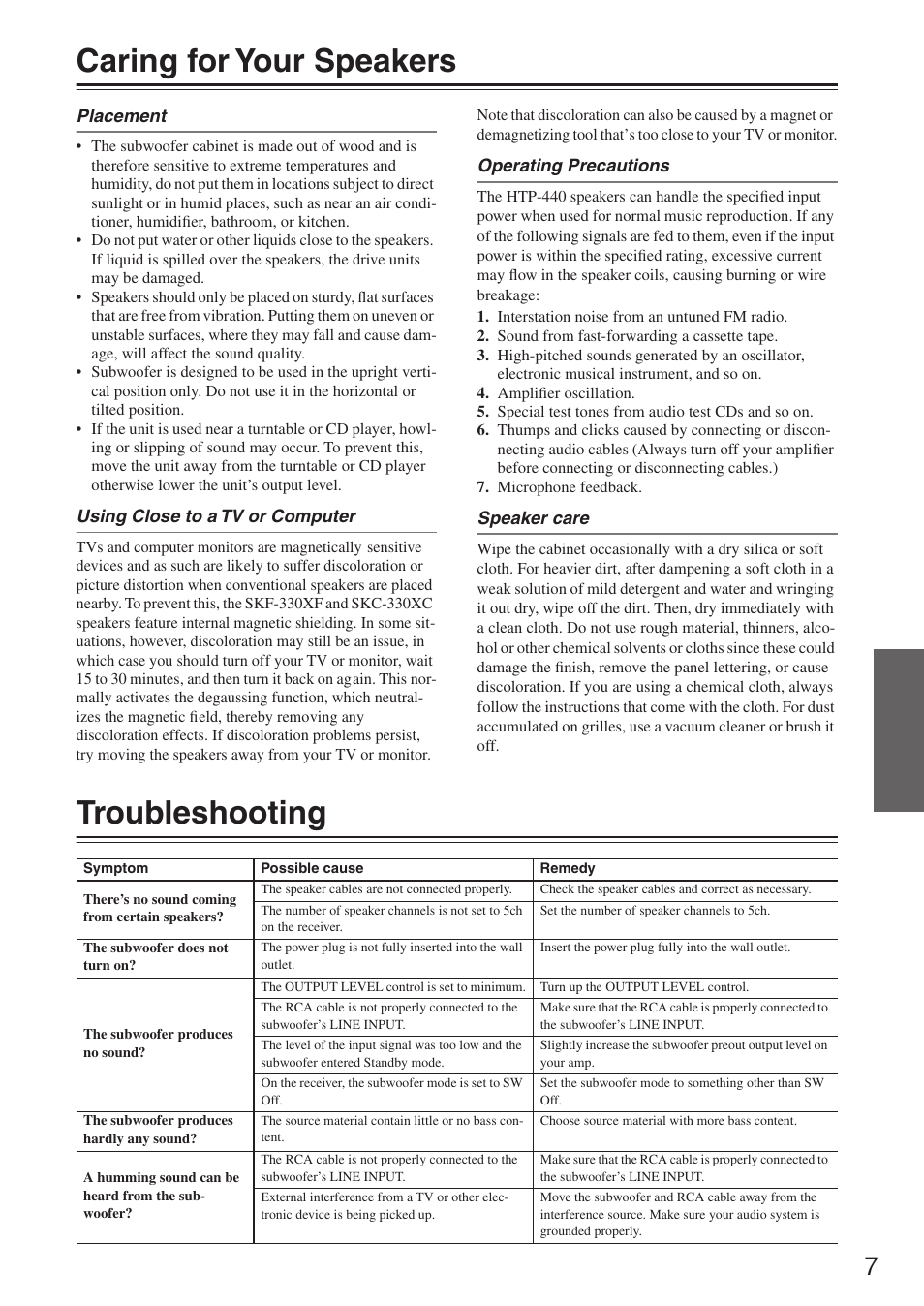 Caring for your speakers, Troubleshooting | Onkyo SKF-330XF User Manual | Page 7 / 8