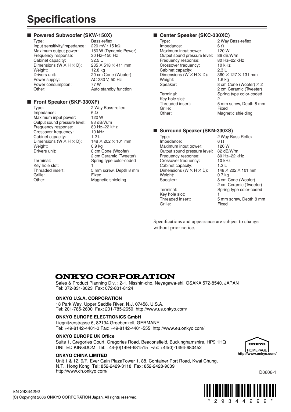 Specifications | Onkyo SKF-330XF User Manual | Page 8 / 8