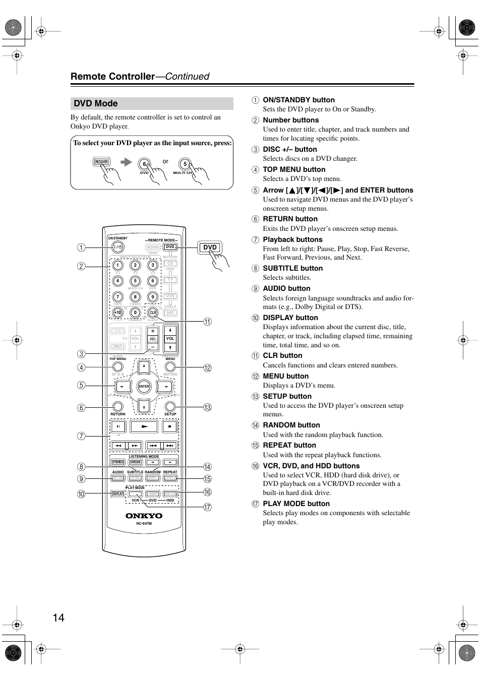 Dvd mode, Remote controller —continued | Onkyo TX-SR8450 User Manual | Page 14 / 80
