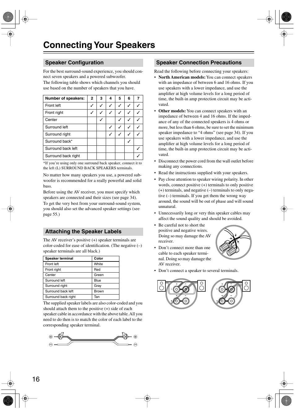 Connecting your speakers, Speaker configuration, Attaching the speaker labels | Speaker connection precautions, Connection | Onkyo TX-SR8450 User Manual | Page 16 / 80