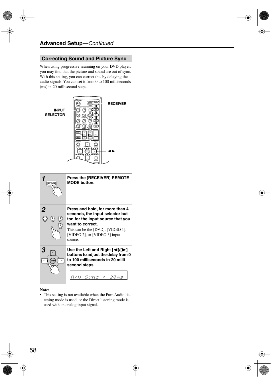 Correcting sound and picture sync, Advanced setup —continued, Press the [receiver] remote mode button | Receiver input selector | Onkyo TX-SR8450 User Manual | Page 58 / 80