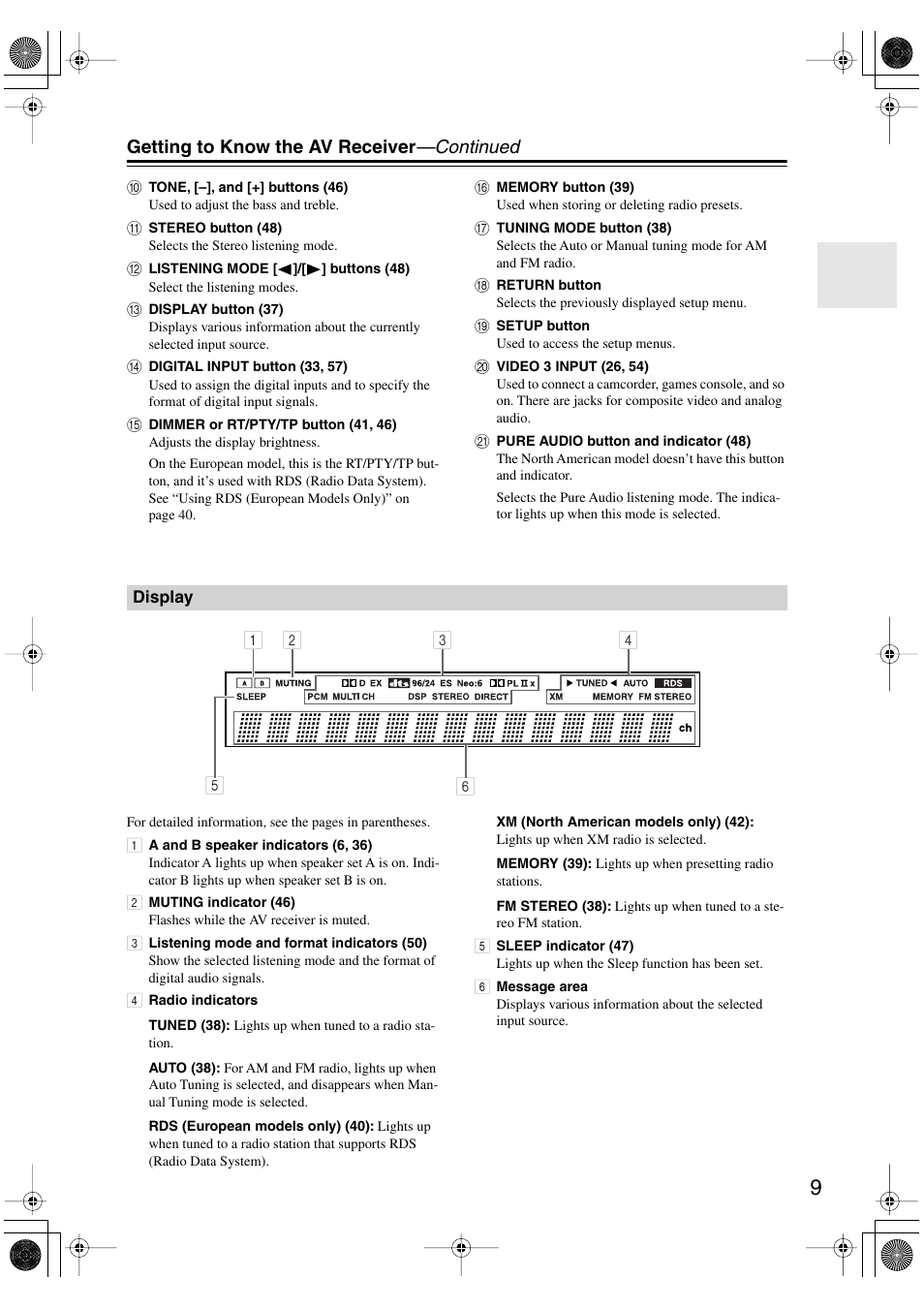 Display, Getting to know the av receiver —continued | Onkyo TX-SR8450 User Manual | Page 9 / 80