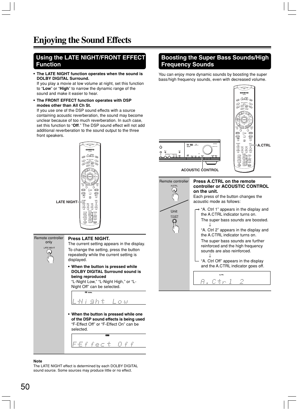 Enjoying the sound effects, Using the late night/front effect function | Onkyo DR-S2.2 User Manual | Page 50 / 88