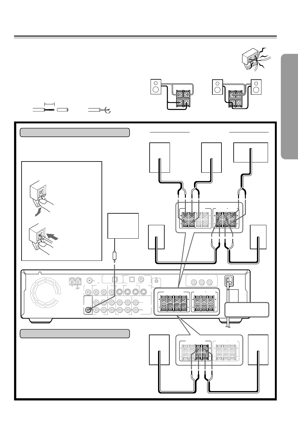 Connecting speakers, Before connecting, Front speakers | Surround speaker, Active subwoofer, Connecting to speakers a, How to connect to the speaker connectors, Front speaker, Connecting to speakers b | Onkyo DR-2000 User Manual | Page 13 / 72