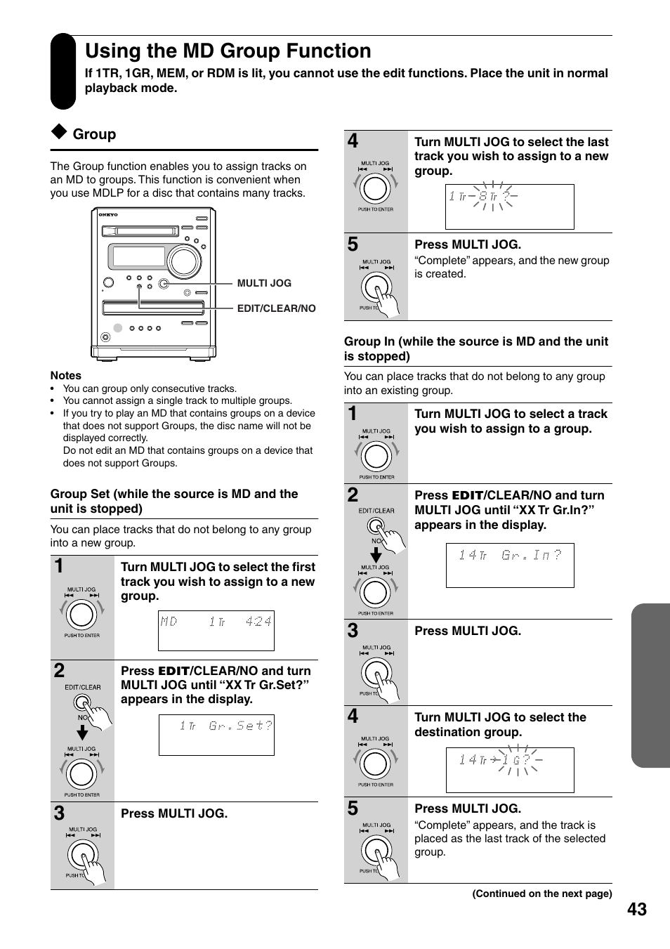 Using the md group function, Group | Onkyo FR-N3X User Manual | Page 43 / 72
