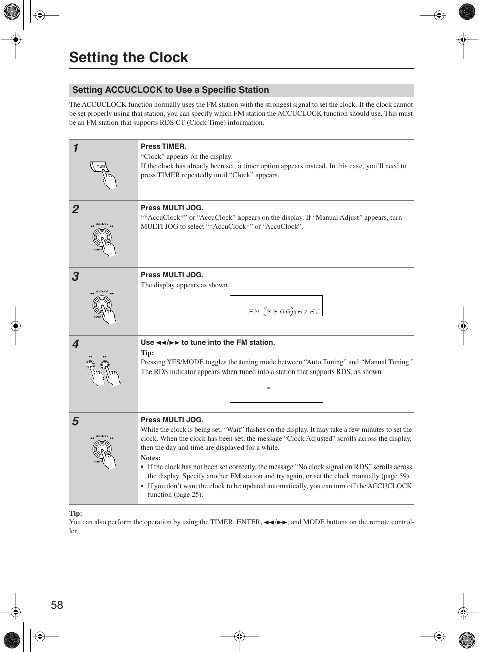 Setting the clock | Onkyo DR-815 User Manual | Page 58 / 84