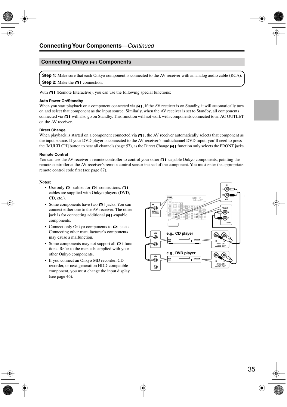 Connecting your components —continued, Connecting onkyo components | Onkyo TX-SR8370 User Manual | Page 35 / 96