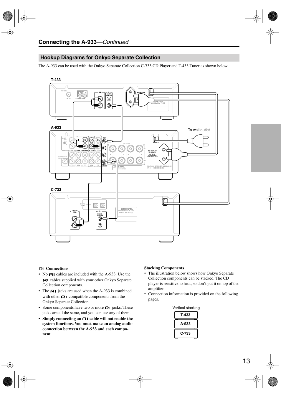 Connecting the a-933 —continued, Hookup diagrams for onkyo separate collection | Onkyo A-933 User Manual | Page 13 / 24