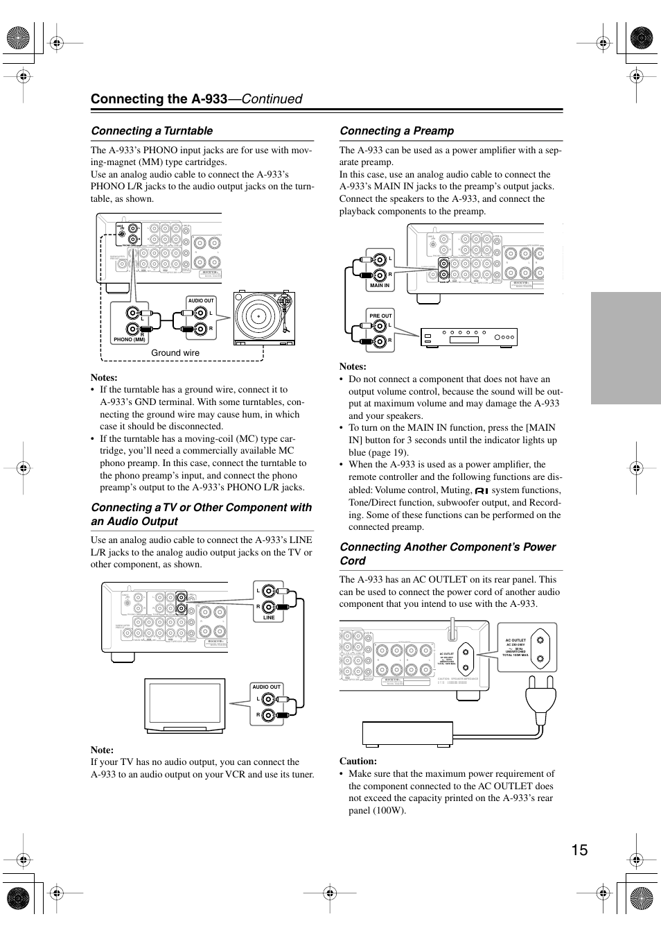 Connecting the a-933 —continued, Connecting a turntable, Connecting a preamp | Connecting another component’s power cord, Ground wire | Onkyo A-933 User Manual | Page 15 / 24