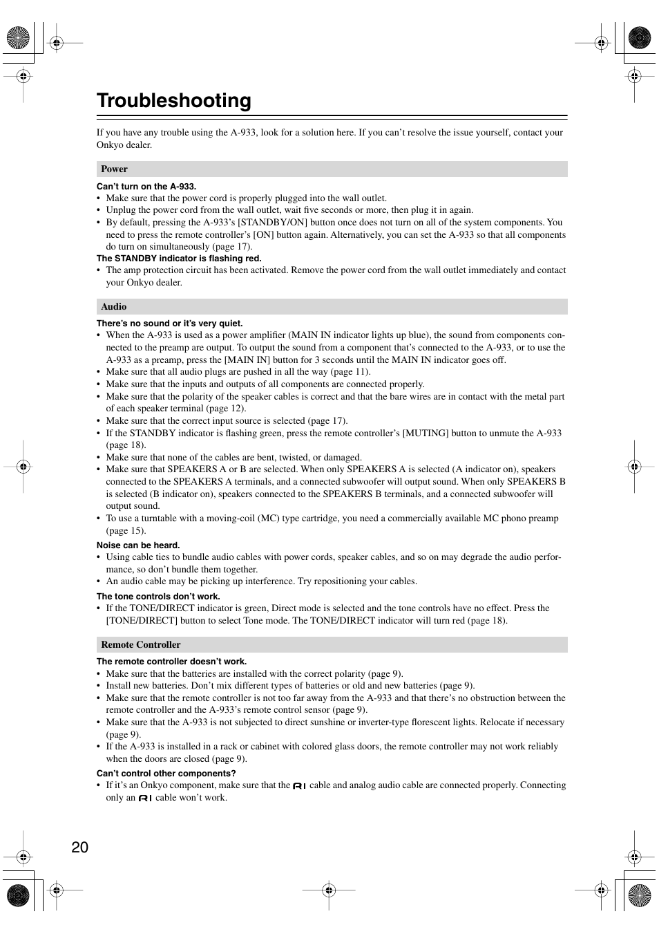 Troubleshooting | Onkyo A-933 User Manual | Page 20 / 24