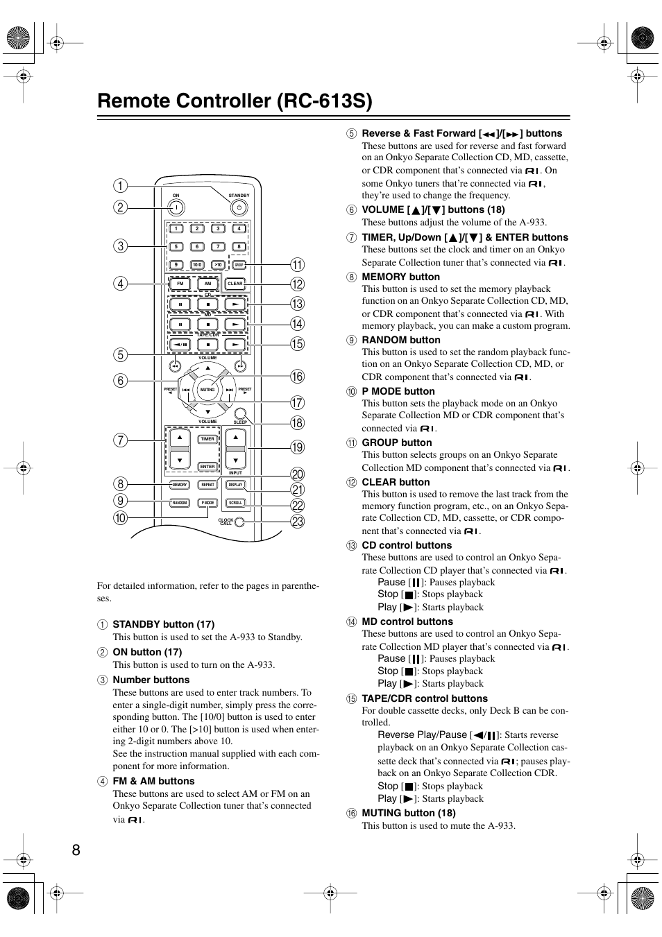 Remote controller (rc-613s) | Onkyo A-933 User Manual | Page 8 / 24