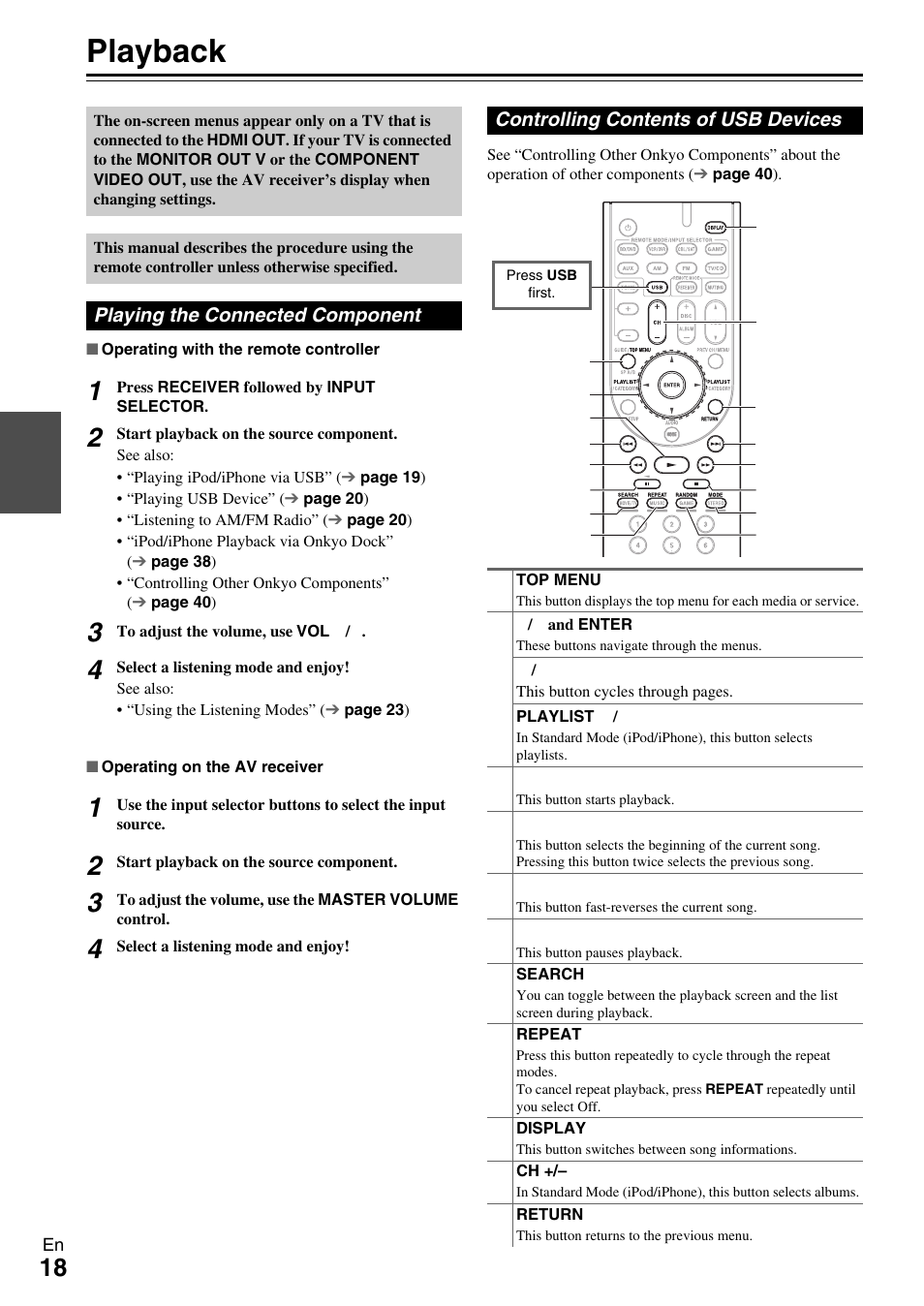 Playback, Playing the connected component, Controlling contents of usb devices | Onkyo AV RECEIVER HT-RC330 User Manual | Page 18 / 56