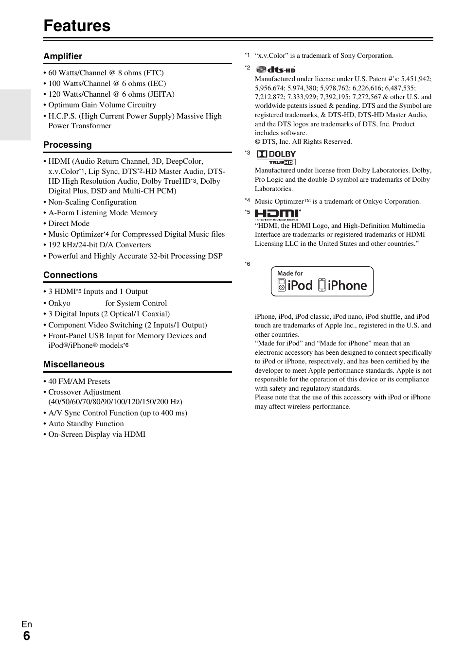 Features | Onkyo AV RECEIVER HT-RC330 User Manual | Page 6 / 56