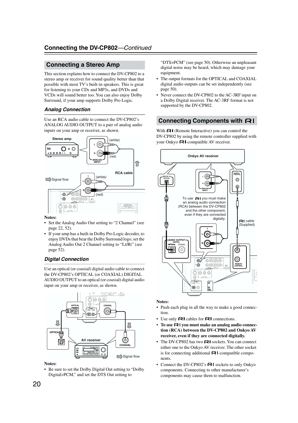 Connecting the dv-cp802 —continued, Connecting a stereo amp, Connecting components with | Analog connection, Digital connection | Onkyo DV-CP802 User Manual | Page 20 / 69