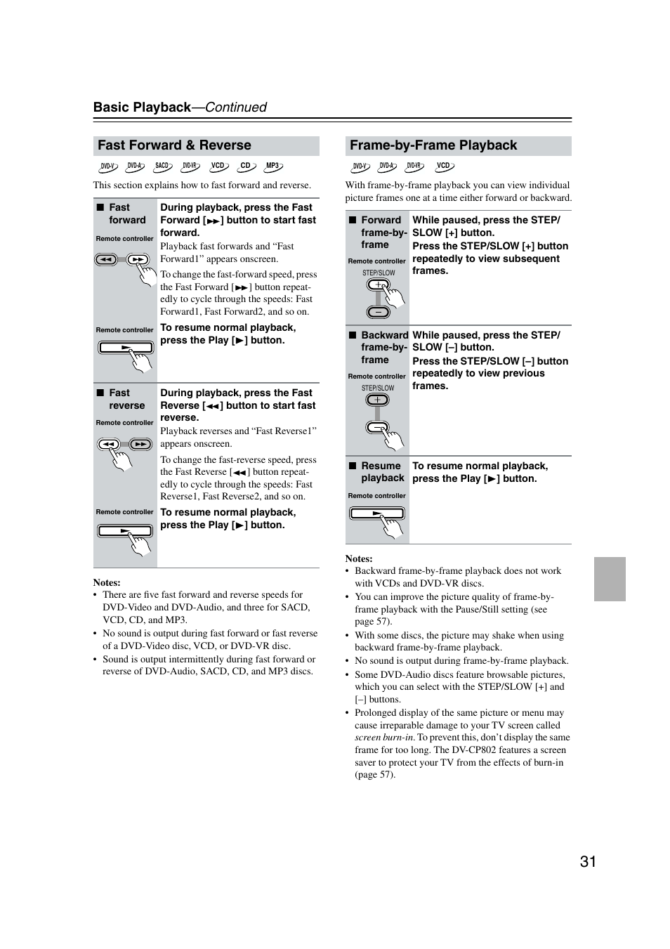 Fast forward & reverse, Frame-by-frame playback, Basic playback —continued | Onkyo DV-CP802 User Manual | Page 31 / 69