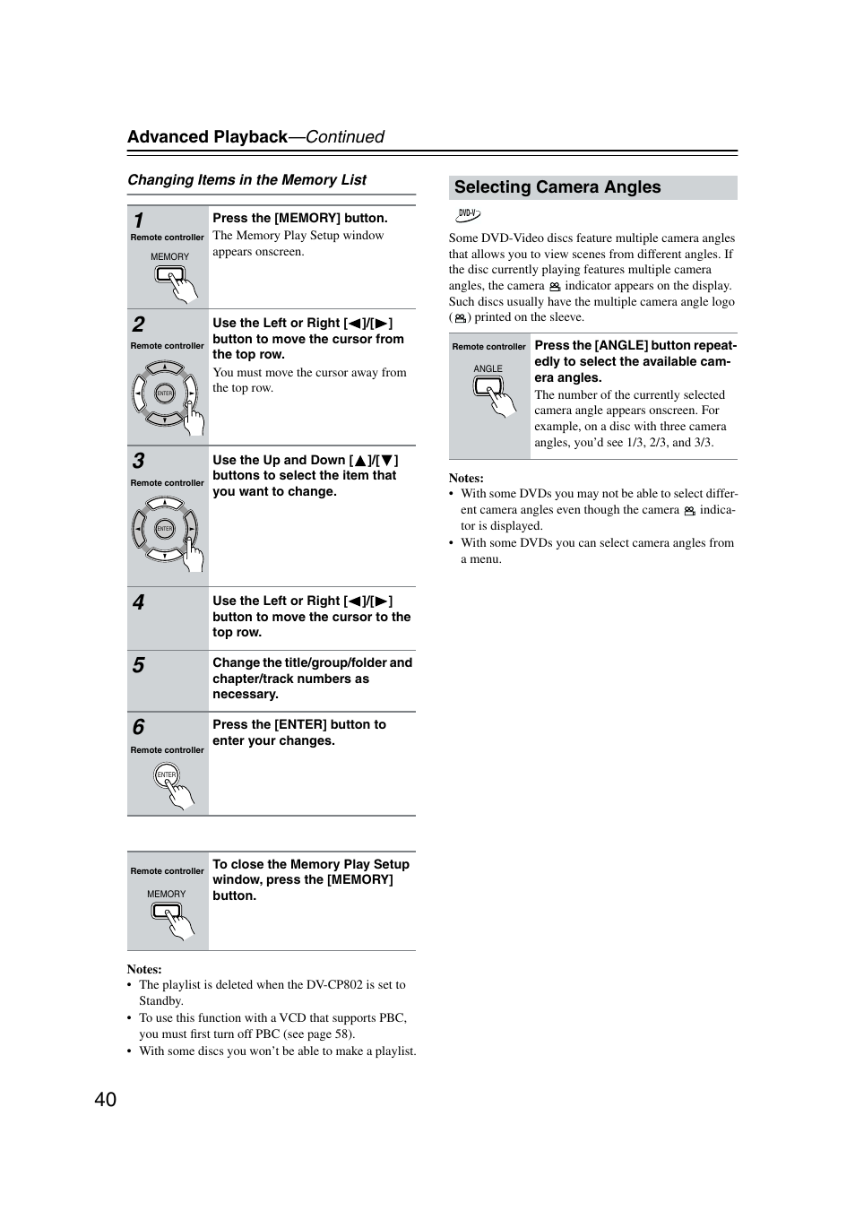 Selecting camera angles, Advanced playback —continued | Onkyo DV-CP802 User Manual | Page 40 / 69