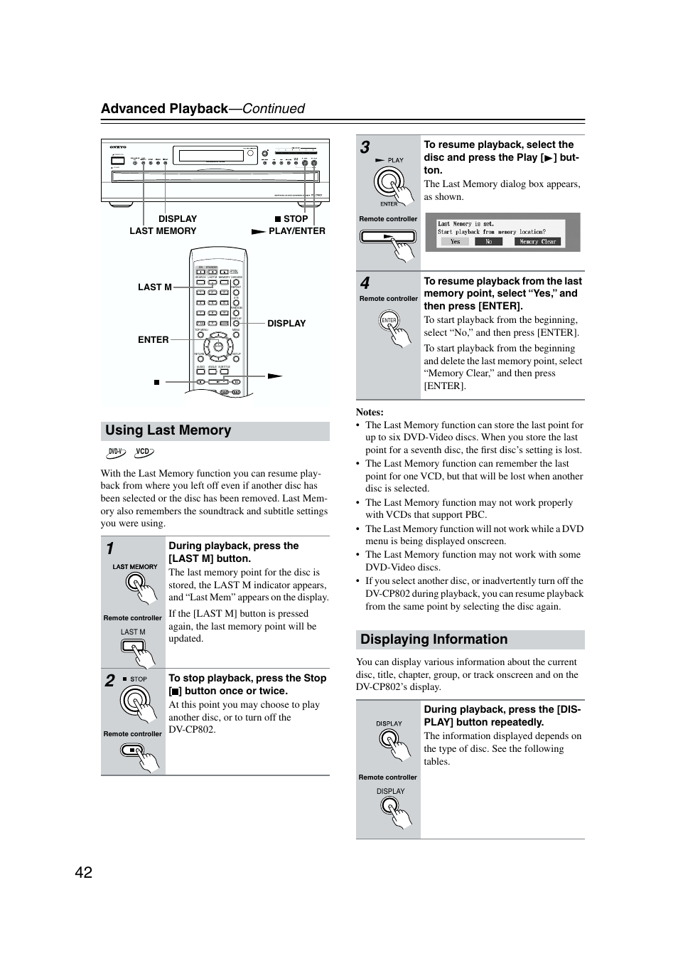Using last memory, Displaying information, Advanced playback —continued | Standby | Onkyo DV-CP802 User Manual | Page 42 / 69