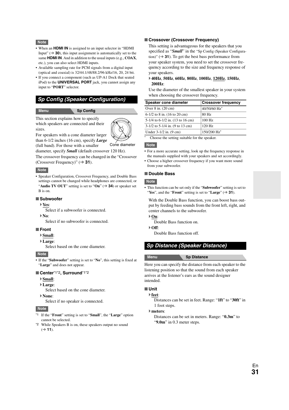 Channel. see “sp config (speaker configuration), Distance, Sp config (speaker configuration) | Sp distance (speaker distance) | Onkyo AVX-280 User Manual | Page 31 / 56