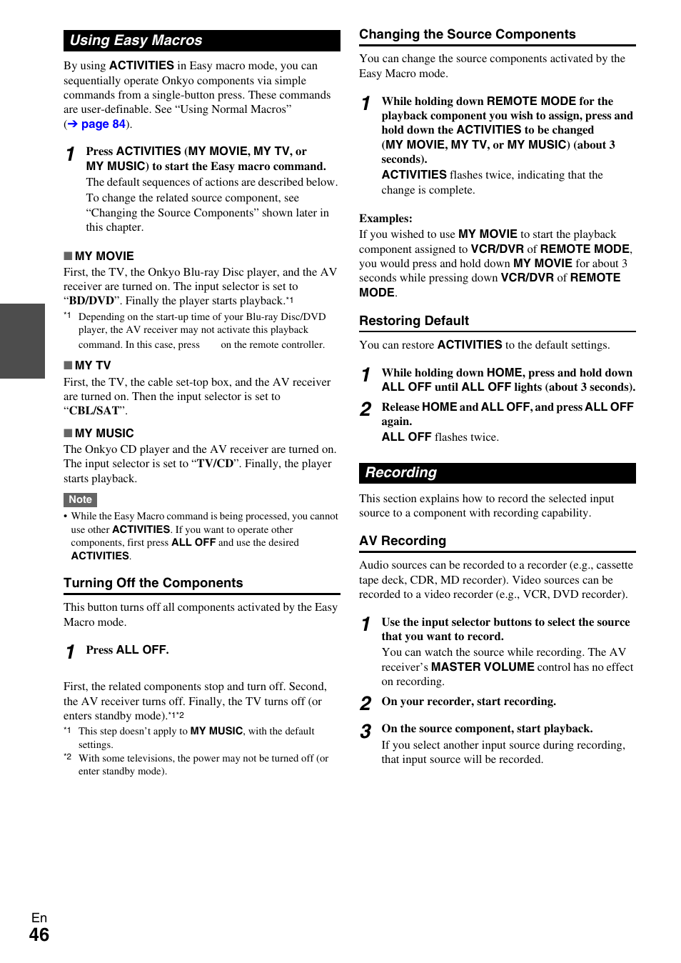 Using easy macros, Recording, Using easy macros recording | E “recording, See “recording” for de | Onkyo AV RECEIVER TX-NR5009 User Manual | Page 46 / 108