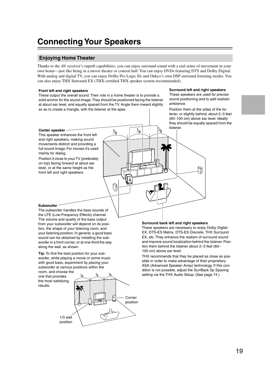 Connecting your speakers, Enjoying home theater, Connection | Onkyo TX-SR804 User Manual | Page 19 / 96