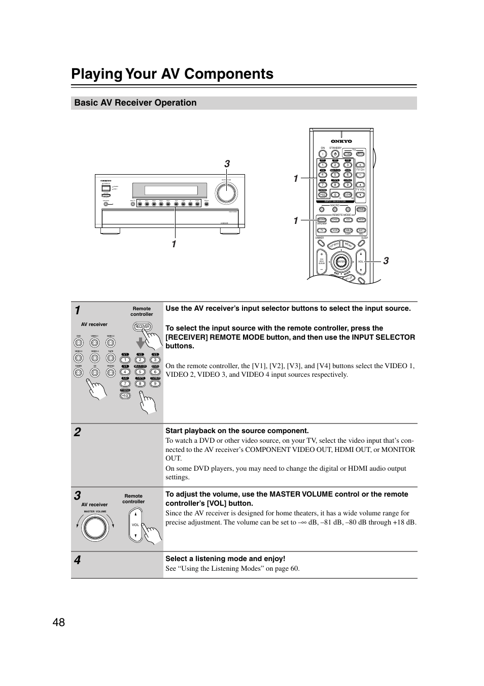 Playing your av components, Basic av receiver operation, Ol (48) | Uttons (48), Utton (48) | Onkyo TX-SR804 User Manual | Page 48 / 96