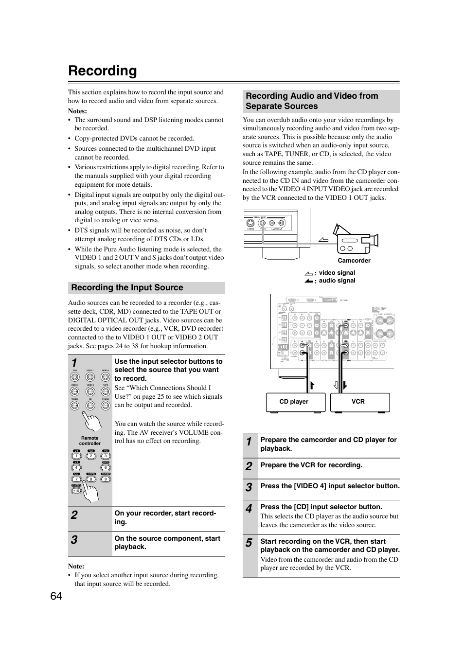 Recording, Recording the input source, Recording audio and video from separate sources | Advanced operation | Onkyo TX-SR804 User Manual | Page 64 / 96