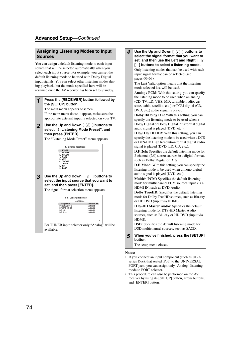 Assigning listening modes to input sources, Advanced setup —continued | Onkyo 29400095 User Manual | Page 74 / 104