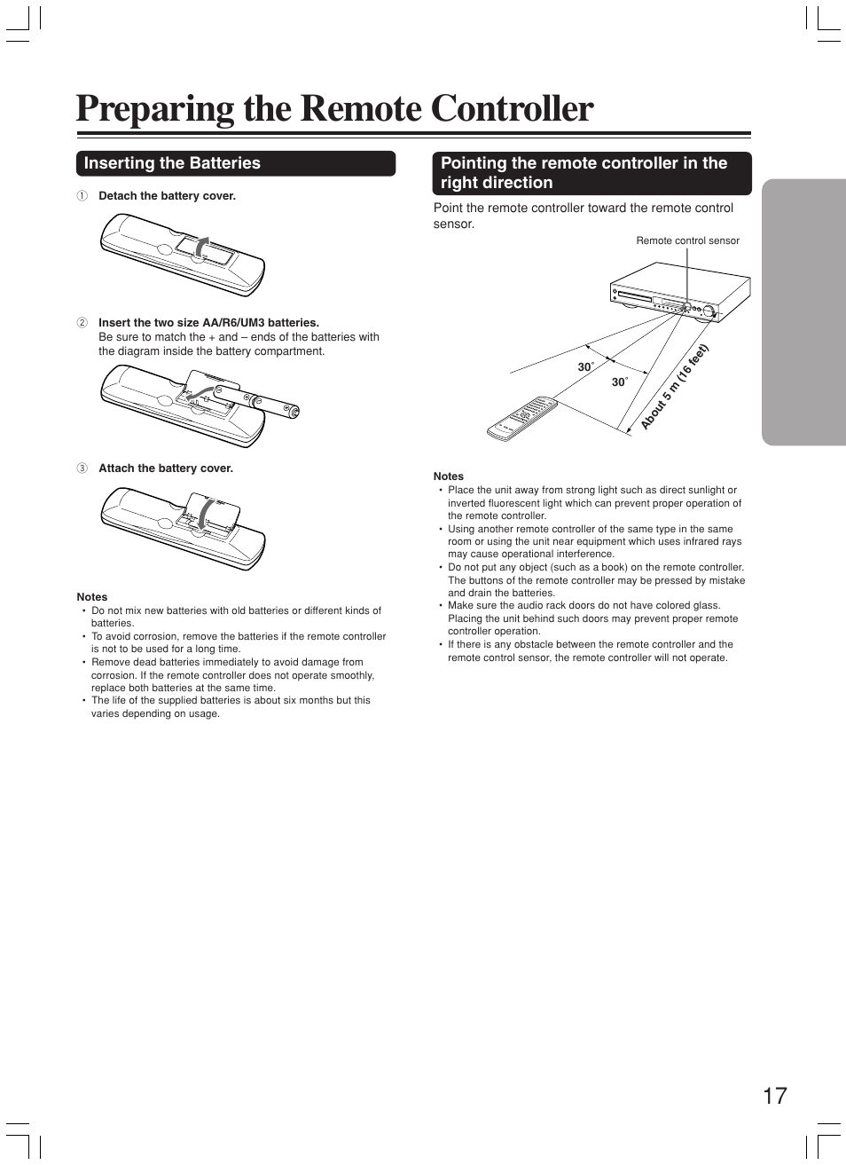 Preparing the remote controller, Inserting the batteries | Onkyo DR-L50 User Manual | Page 17 / 88
