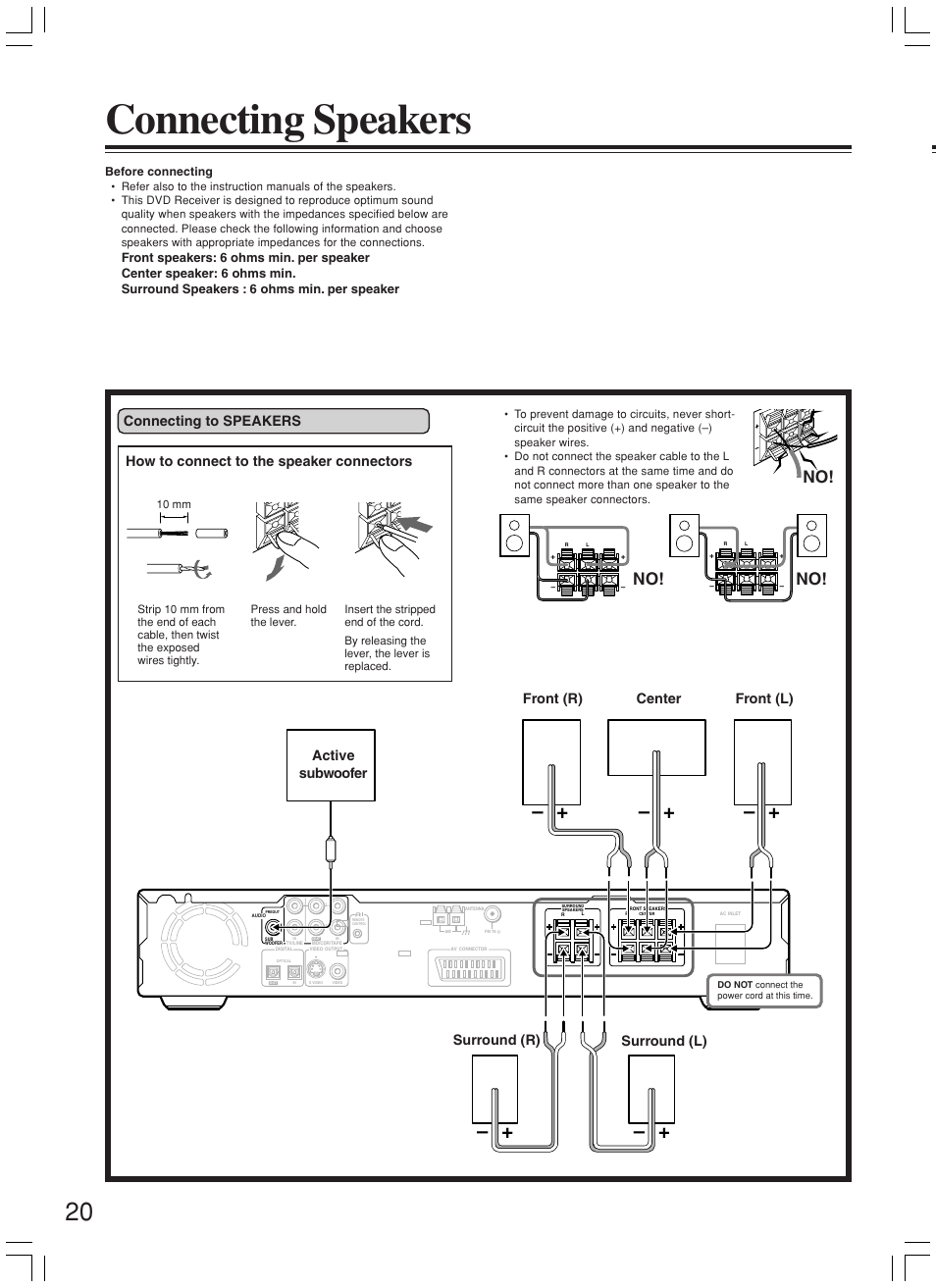 Connecting speakers, Front (r) front (l) center surround (r), Active subwoofer | Onkyo DR-L50 User Manual | Page 20 / 88
