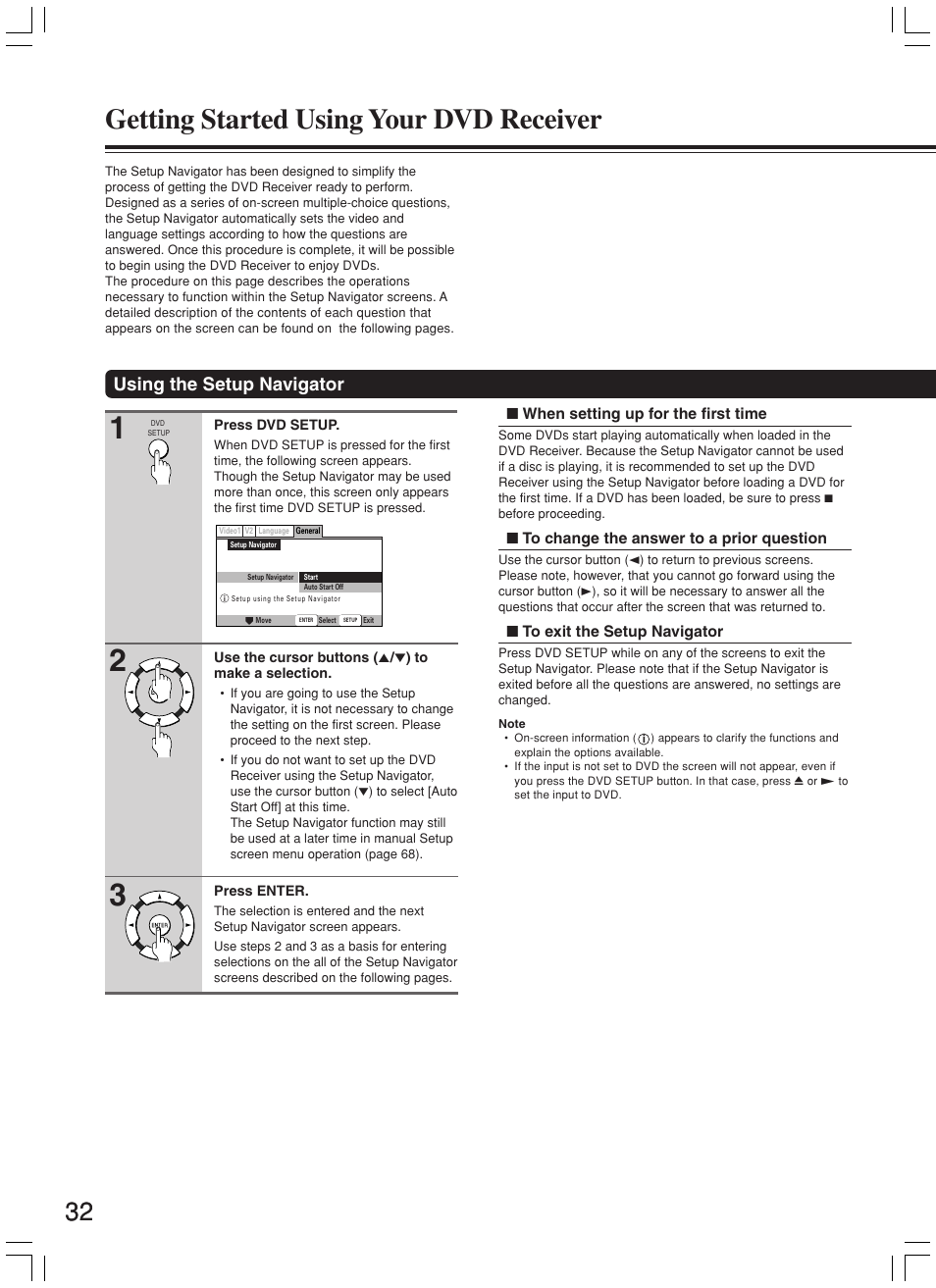 Getting started using your dvd receiver, Using the setup navigator | Onkyo DR-L50 User Manual | Page 32 / 88