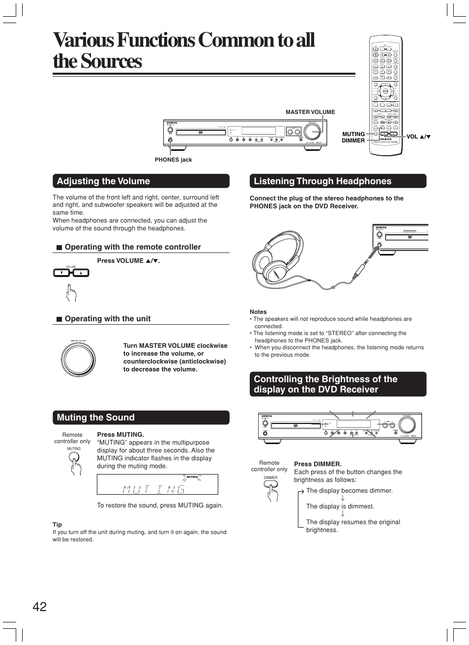 Various functions common to all the sources, Adjusting the volume, Muting the sound | Listening through headphones, Operating with the remote controller, Operating with the unit, Theater-dimensional progressive scan ipm, Prog, Press volume 5, Remote controller only | Onkyo DR-L50 User Manual | Page 42 / 88