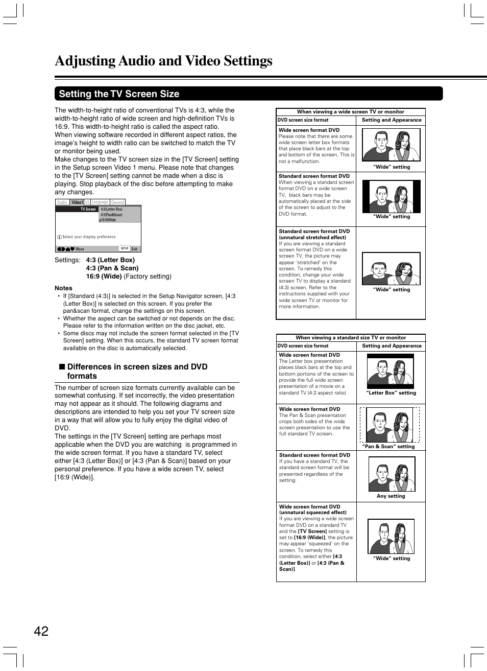 Adjusting audio and video settings, Setting the tv screen size, Differences in screen sizes and dvd formats | Onkyo DV-SP500 User Manual | Page 42 / 60
