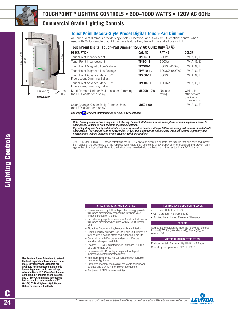 Touchpoint, Decora preset dimmer ..................... c24, Lighting controls | Sylvania D3208 User Manual | Page 24 / 34