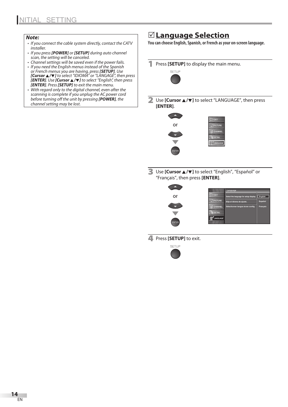 Nitial setting, Language selection | Sylvania LC320SL8 User Manual | Page 14 / 36