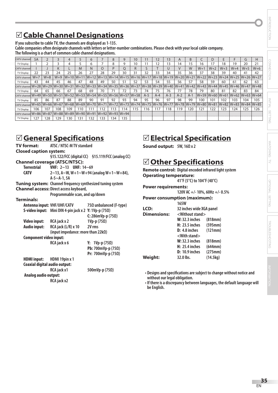 General specifications, 5electrical specification, Other specifications | Cable channel designations 5, Troubleshooting information | Sylvania LC320SL8 User Manual | Page 35 / 36