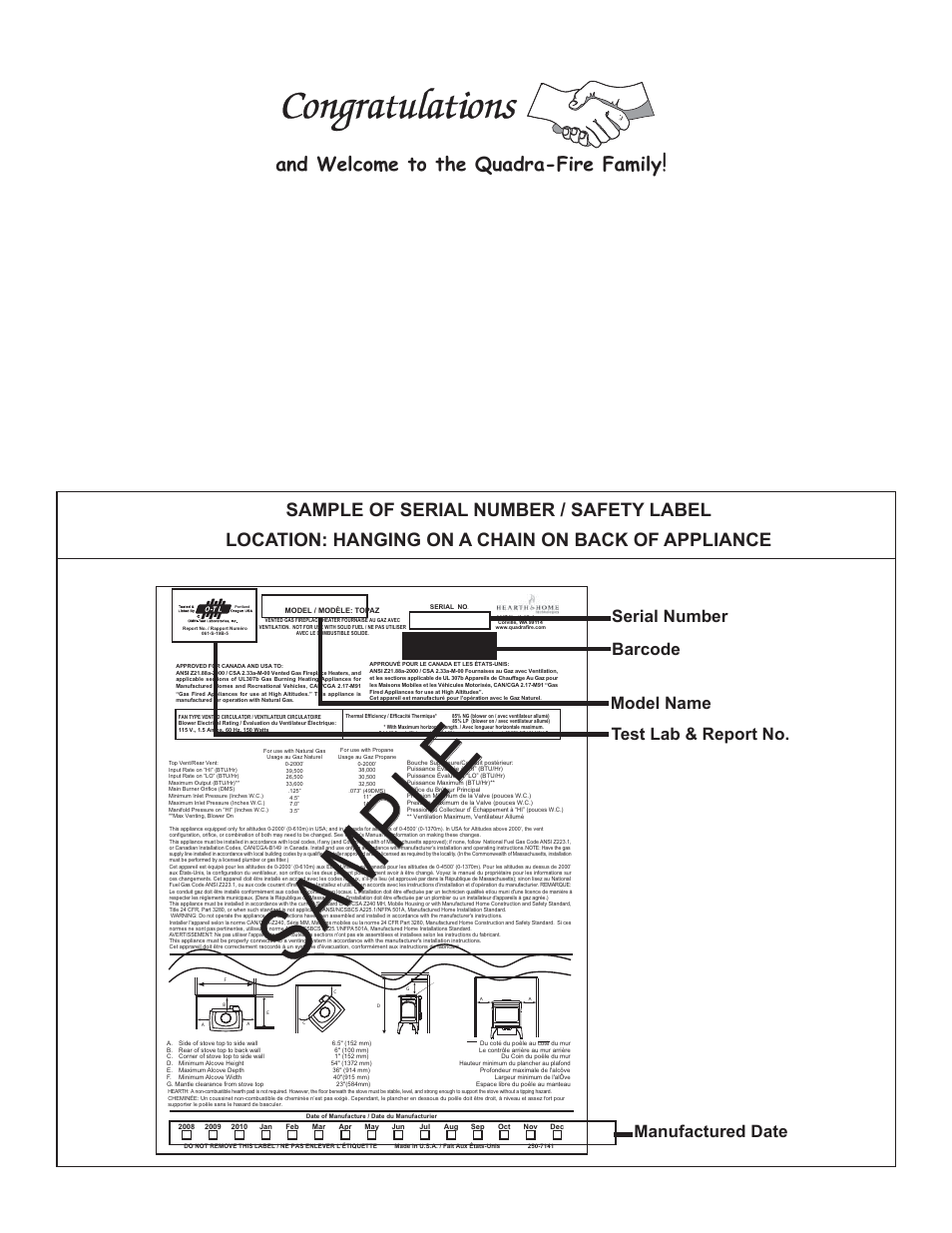 Sample sa mp le, And welcome to the quadra-fire family, Barcode | OmniTek TOPAZ 839-1340 User Manual | Page 2 / 56