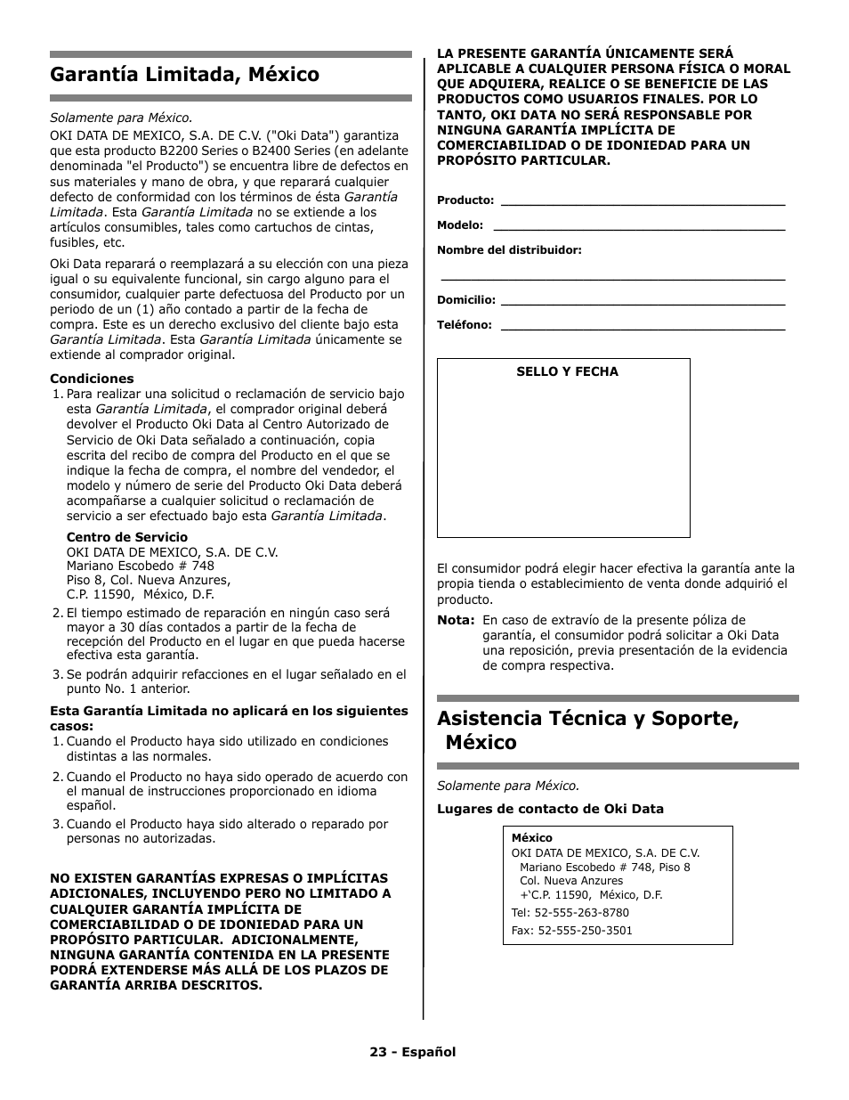 Garantía limitada, méxico, Asistencia técnica y soporte, méxico | Oki PRINTING SOLUTION B2400N User Manual | Page 23 / 36